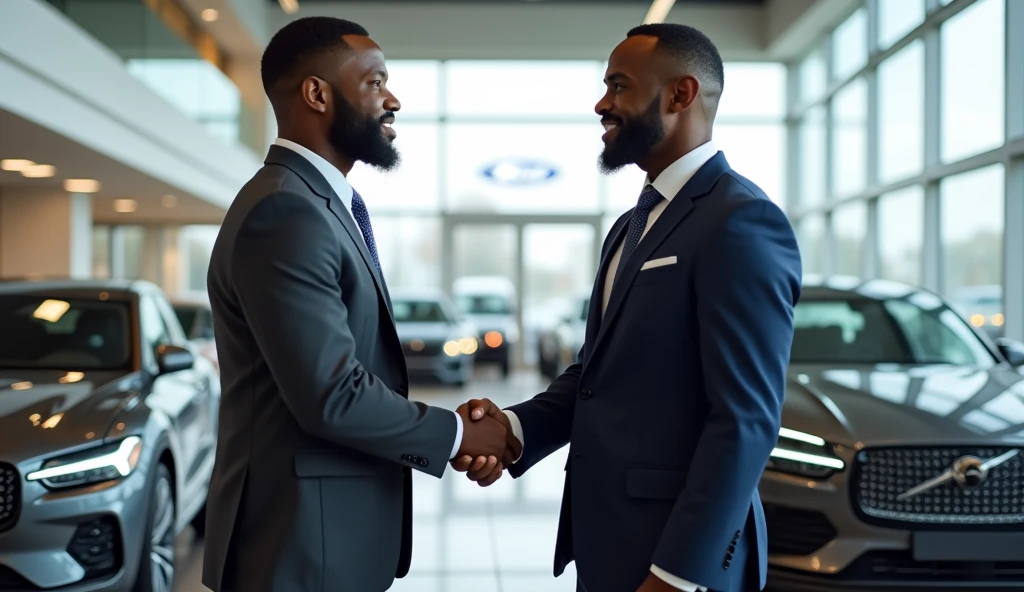 Image de deux homme afroamericain, qui se donne une poignet de main ferme dans une concession automobile