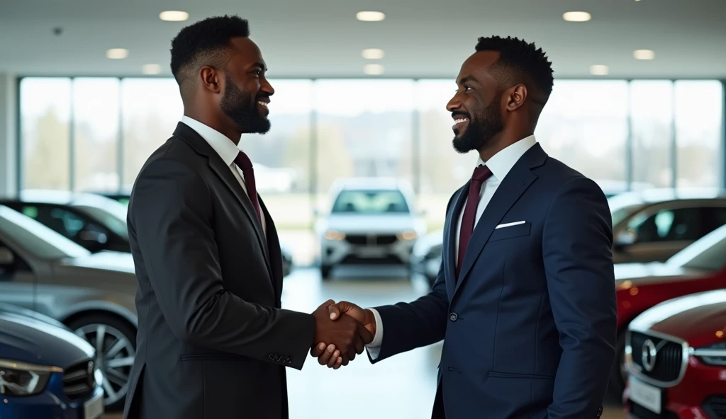 Image de deux homme afroamericain, qui se donne une poignet de main ferme dans une concession automobile