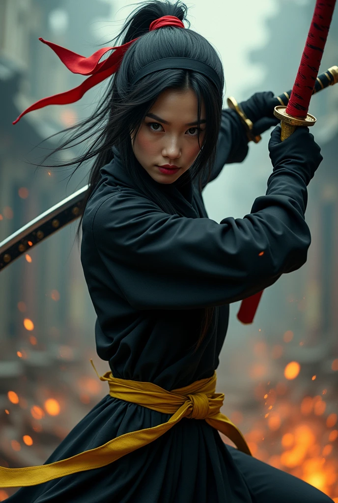 Una mujer 🤬 🤮 💕 vestida de negro con una cinta roja en a cabeza y un cinturón amarillo, She is a female ninja, attractive asian woman, He has a katana sword in his hand, only his eyes are visible., llucha pose