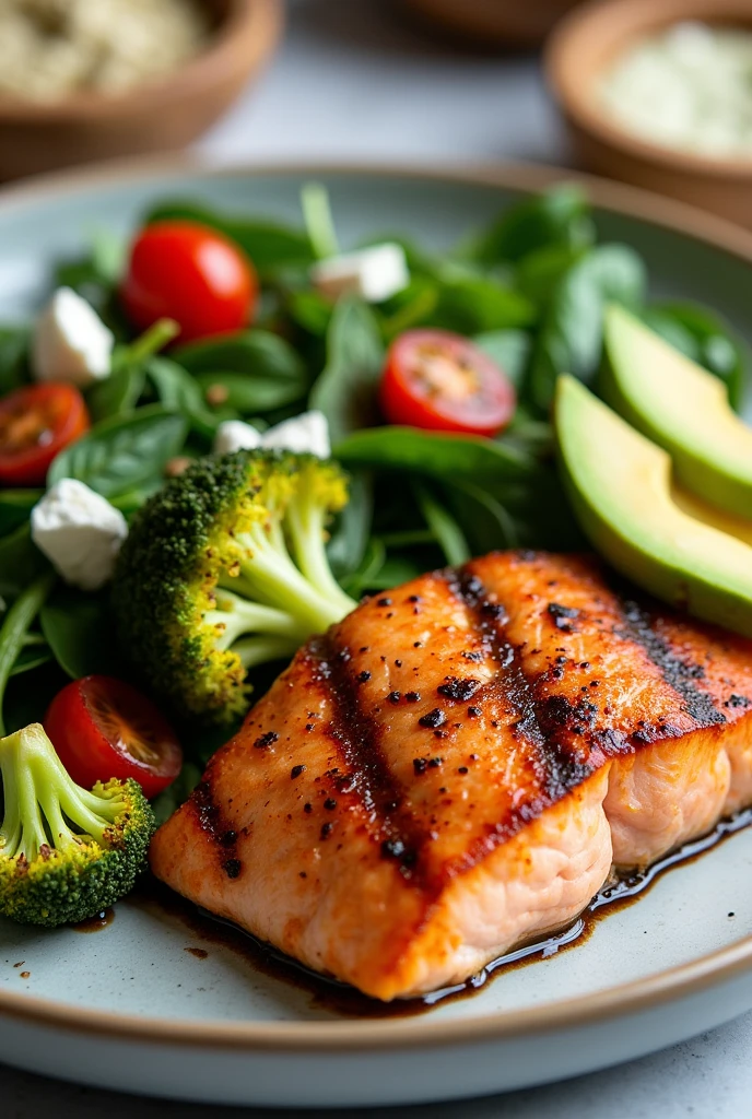 Image: A colorful, visually appealing plate with:
Main: Grilled Salmon with crispy skin (approx. 4 oz)
Sides:
Large serving of roasted broccoli florets with olive oil and garlic
Small salad with spinach, avocado slices, cherry tomatoes, and a light balsamic vinaigrette.
Optional: A few slices of sliced avocado or a small amount of crumbled feta cheese
Caption:
"A delicious and healthy keto meal! The salmon is packed with protein and healthy fats, while the broccoli and avocado provide fiber and nutrients. This meal is perfect for anyone looking to follow a ketogenic diet."
Tips:
Use high-quality ingredients for the best flavor and nutritional value.
Use herbs and spices to add flavor without extra carbs.
Get creative with your keto meals! There are many delicious and healthy options available.