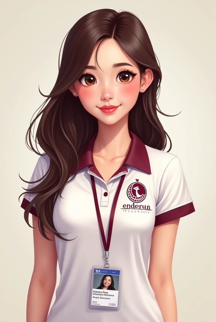 Beautiful lady wearing a white polo shirt with a touch of maroon with an ENDERUN INTERNATIONAL COLLEGE logo and LANYARD has ENDERUN INTERNATIONAL COLLEGE TEXT and an ID (with picture) with a name HAVEN SERENITY FELIZEIANA SUAREZ as the name. Realistic cartoon. Bit of chinky eyes. Pink lips. hazel brown eyes. Brown hair