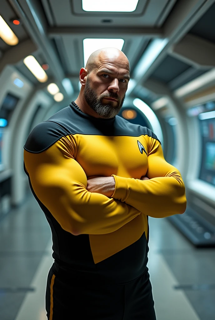 (photorealism:1.2), A hulking male Swedish bodybuilder, with massive muscles, shaved head, and short stubble  5 o’clock beard, wearing a yellow starfleet uniform in a corridor of a starship. He is looking stoic and strong.