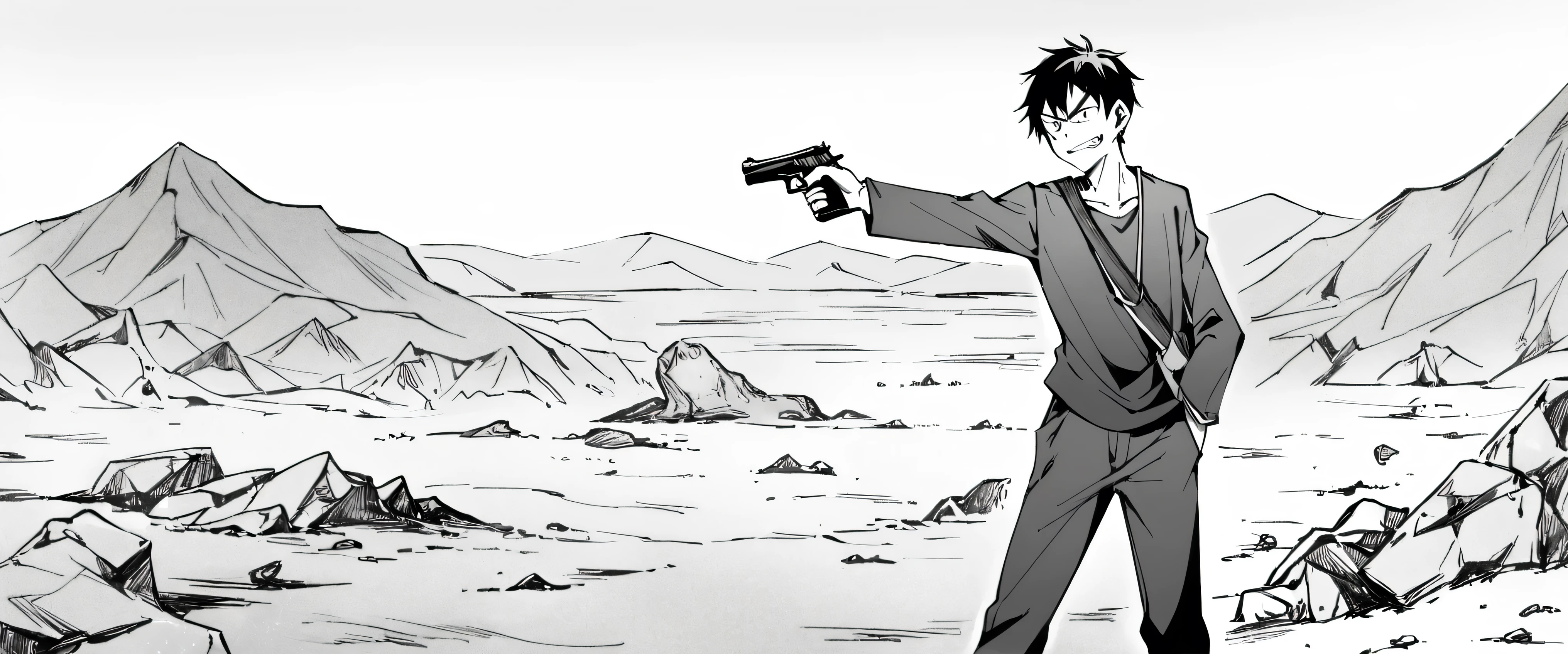 A teenage boy holding pistol with mocking smile looking, point his pistol at right direction, full body, indifferent look, wasteland in background, black and white manga image.