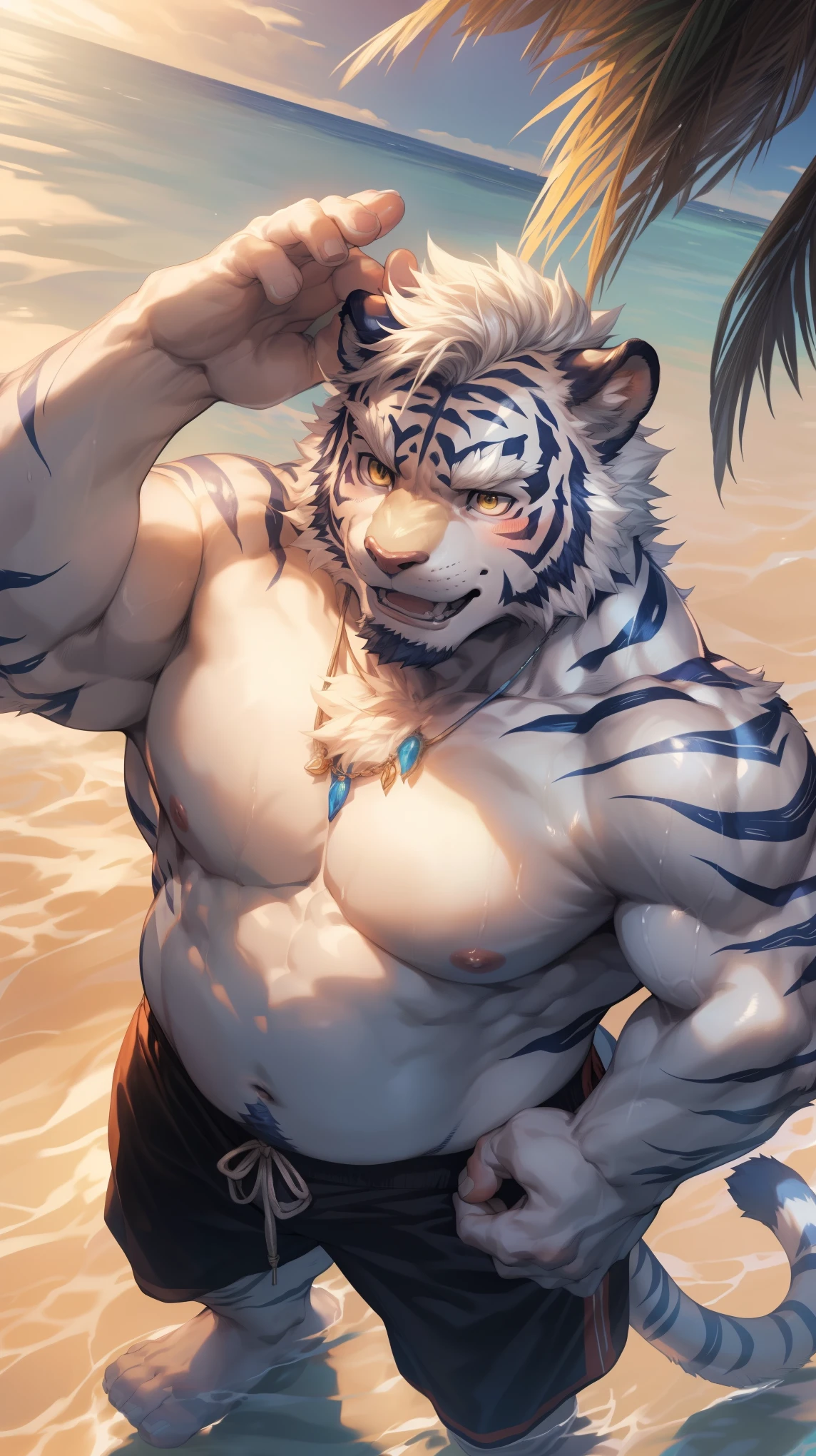 (By Empty Ghost, From thebigslick, By Dark Gem, Will chase), Keyuan Building (Onmyoji Daisenji Temple), High quality photos, Perfect anatomical structure, Anthropomorphic white tiger, male, 30 years old, (tiger print), Thick eyebrows, short hair, White Teeth, Strong body, White pectoralis major, Blue stripes, Chubby figure, White swimming trunks, Small bump, Pink milk clusters, Standing on the beach, Looking up, One hand raised above the head to block the sun, Charming smile, blush, Golden pupils, Look up at the sky, Clear facial features, Strong, solitary, (Top view:1.5), noon, sunny, Coconut Tree, Water waves, (By Empty Ghost, From tiger30, masterpiece, high quality, high resolution, 8k)