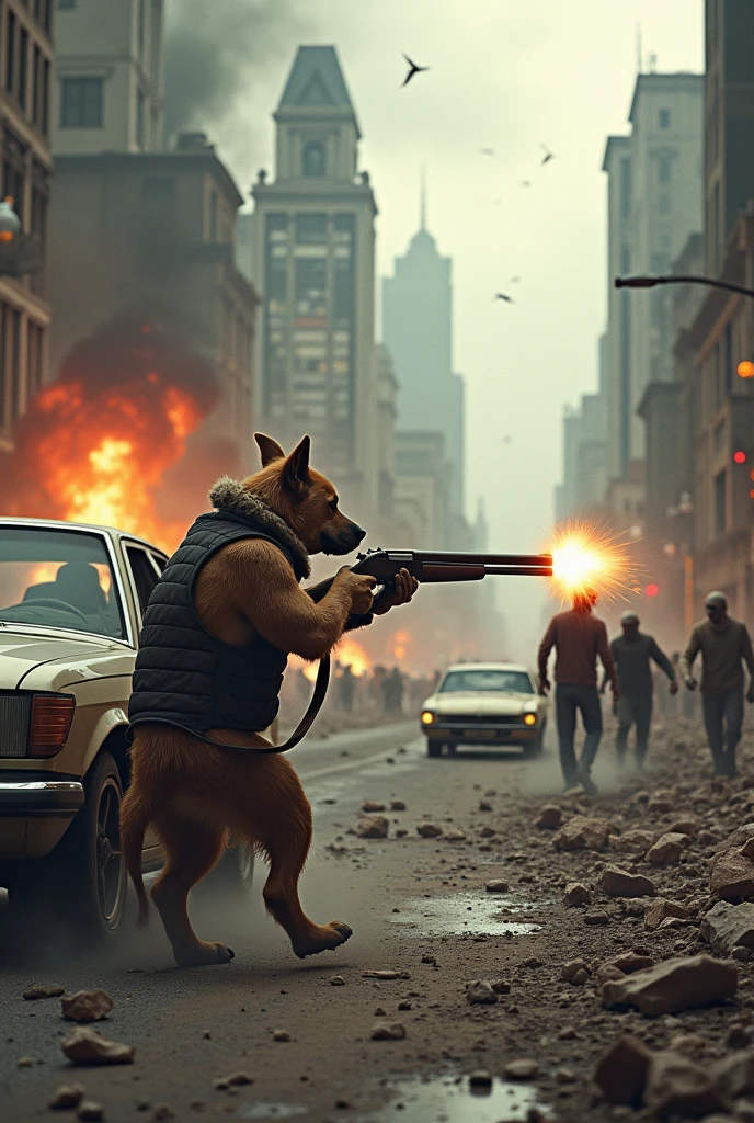 Zombie-filled streets in an apocalypse with a dog blasting everyone with a shotgun next to a car while the rest of the world explodes and buildings collapse