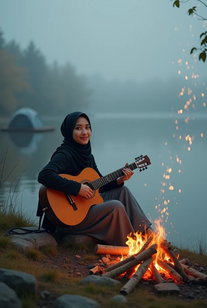 "A woman wearing long hijab flowing is sitting in front of a campfire by the lake with thick fog in the background. The woman is wearing a black sweater , a scarf around his hijab, and gray trousers, while playing an acoustic guitar and smiling at the camera. Around him, sparks from the campfire are seen flying into the air, creating a warm and intimate atmosphere amidst the cold fog. In the background we can see a camping tent on the green grass and bushes and the calm water of the lake with thick fog in the distance adding to the natural and peaceful atmosphere."