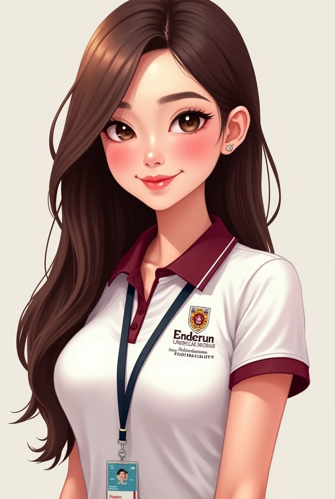 Beautiful lady wearing a white polo shirt with a touch of maroon with an ENDERUN INTERNATIONAL COLLEGE logo and LANYARD has ENDERUN INTERNATIONAL COLLEGE TEXT and an ID (with picture) with a name HAVEN SERENITY FELIZEIANA SUAREZ as the name. Realistic cartoon. Bit of chinky eyes. Pink lips. hazel brown eyes. Brown hair