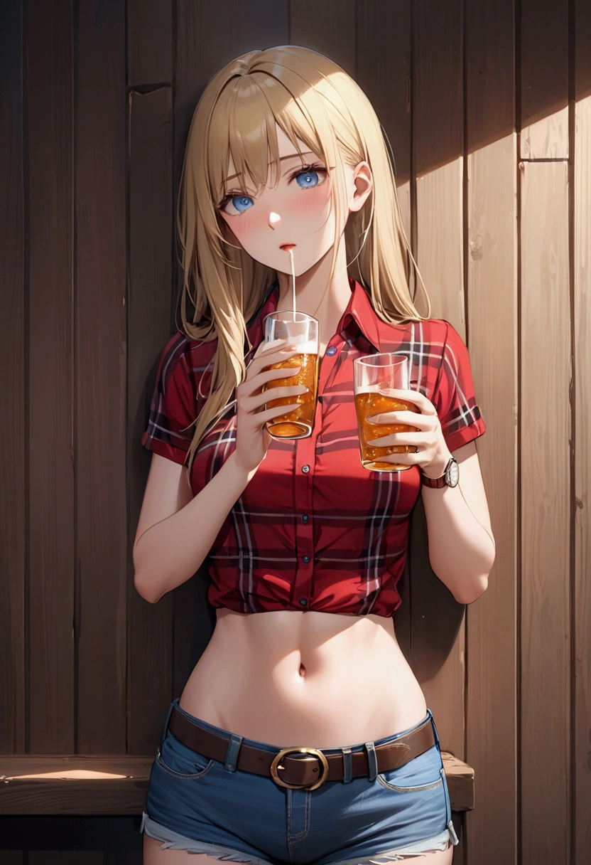 Woman with long blonde hair, blue eyes, Athletic build, Red plaid sleeveless collared cowgirl shirt, clock, Navel exposed, Denim hot pants, Brown belt with oval buckle, Please stand up straight, Drunk,Severe hiccups,In front of a wooden wall,can of beer,Front view,Cowboy Shot,16K, Highest quality, masterpiece, Realistic, detailed