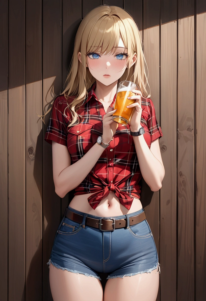 Woman with long blonde hair, blue eyes, An athletic body, Red plaid tight short sleeve collared cowgirl shirt, watch, Navel exposed, Denim hot pants, Brown belt with oval buckle, Stand up straight, Drunk,Strong hiccups,In front of a wooden wall,drinking,Front view,Cowboy Shot,16K, Highest quality, masterpiece, Realistic, detailed