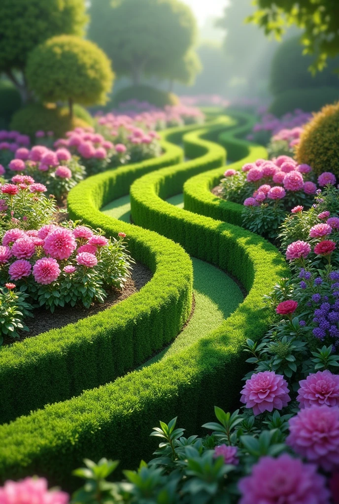 A vibrant garden with neatly trimmed green hedges forming intricate pathways. Colorful flowers, including pinks and purples, are scattered throughout, creating a lively contrast with the greenery. The background features a blur of more plants and floral arrangements, suggesting a lush and well-maintained landscape.