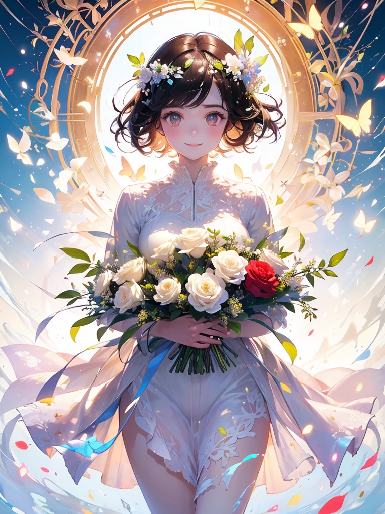 (masterpiece、Highest quality、Highest quality、Beautiful and beautiful:1.2)、(Excellent anatomy:1.5)、Milky white straight hair girl、Butterfly Fairy、Floral Costume、A radiant smile、Sparkling eyes、Looking into the camera、Flowers and leaves on the head、Holding a bouquet、Rose Garden