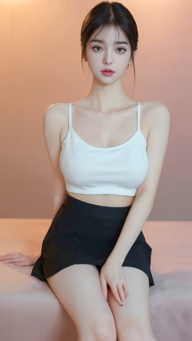 a cute girl in a short skirt, big breasts, white sleeveless, slim, pretty feet, (best quality,4k,8k,highres,masterpiece:1.2),ultra-detailed,(realistic,photorealistic,photo-realistic:1.37),extremely detailed eyes and face,longeyelashes,1girl,idol style,korean style,urban landscape,colorful,warm lighting