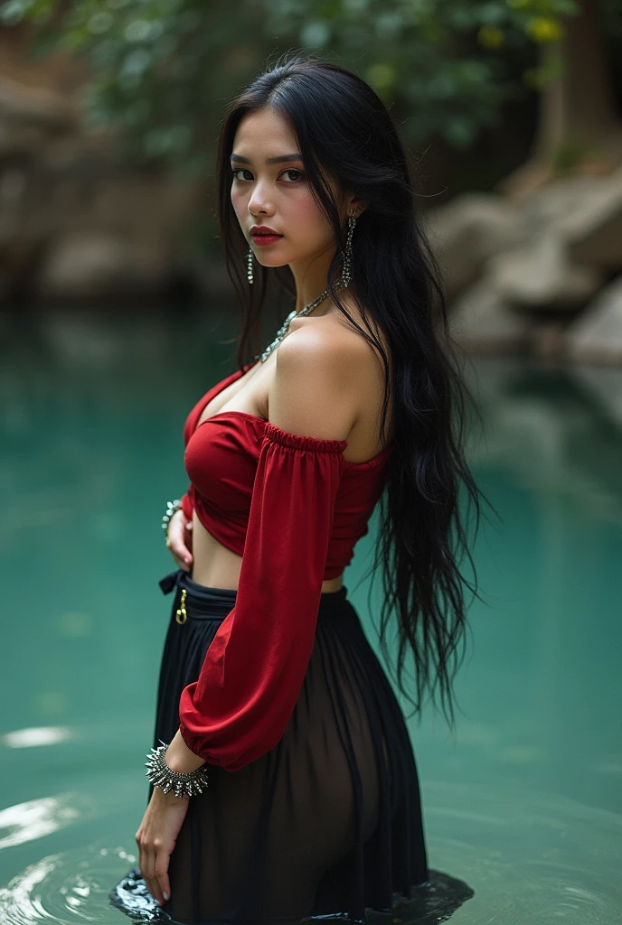1girl, solo, long hair, skirt, shirt, black hair, jewelry, standing in pool water,, shot from above, earrings, midriff, water, blurry, sexy pose, curvy, spike_bracelets, tree, blouse, red shirt half in water, long skirt, rock, photo background, Indian traditional dress