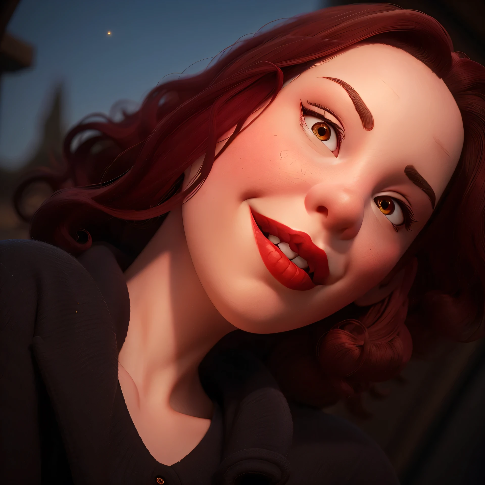 there is a woman with long hair and a red lipstick, thick red lips, red lips, profile image, big red lips, small and thick red lips, sexy red lips, faint red lips, both have red lips, red lipstick on face, luscious red lips, cheeky smile with red lips, profile pic, thick lips, light-red lips, profile photoHD, (Best Detail), (Best Quality), Disney,