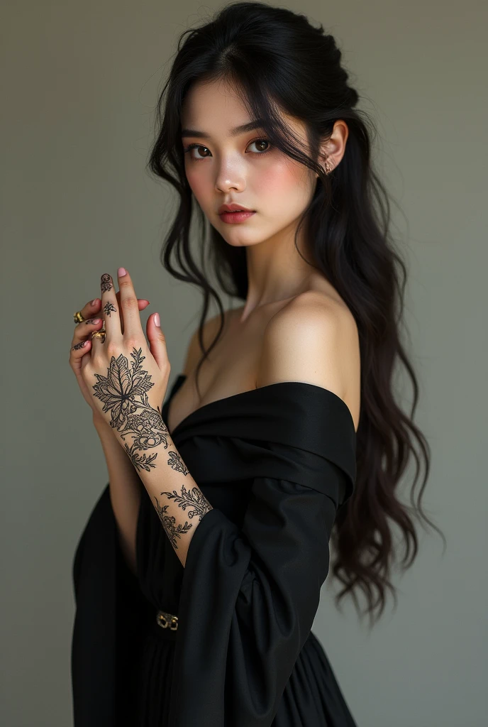 the girl’s beautiful waist, the girl is wearing a chic black dress and there are various decorations on the girl’s hand