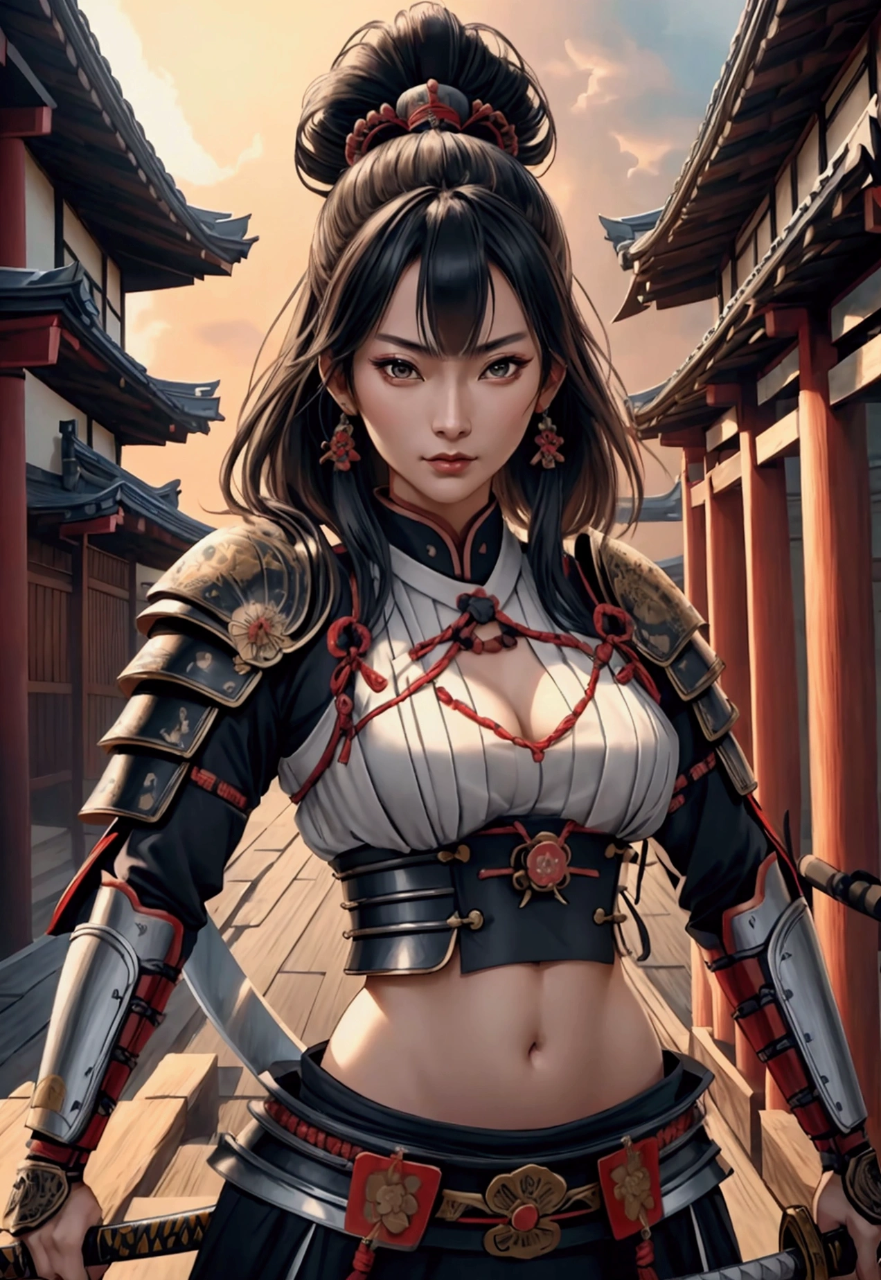 a beautiful samurai woman,45 years-old,crop top showing navel,holding a Japanese katana sword,wearing a traditional Japanese samurai hat,detailed facial features,intricate armor,ancient Japanese architecture background,cinematic lighting,highly detailed,photorealistic,8k,dramatic pose,vibrant colors,strong chiaroscuro,mystical atmosphere