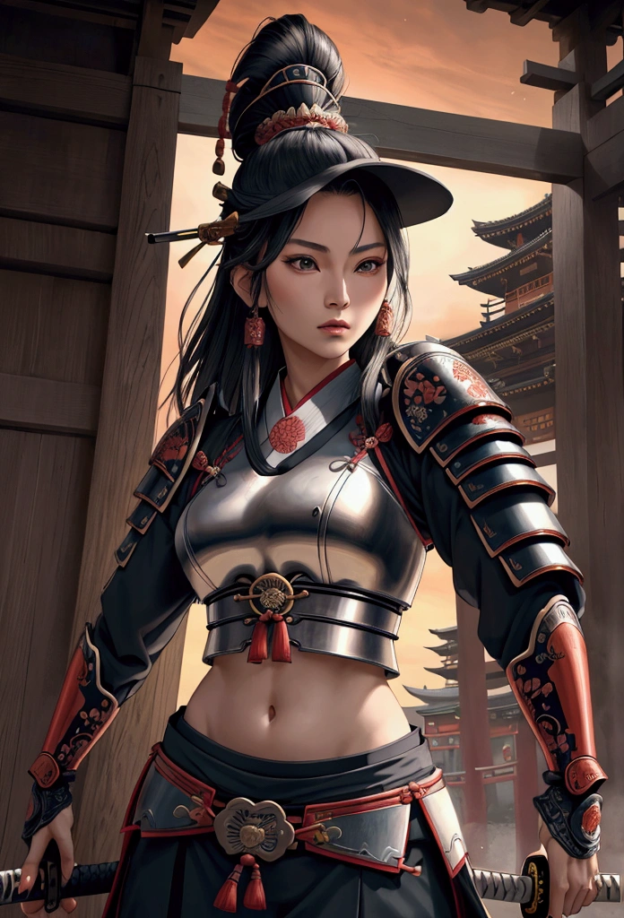 a beautiful samurai woman,45 years-old,crop top showing navel,holding a Japanese katana sword,wearing a traditional Japanese samurai hat,detailed facial features,intricate armor,ancient Japanese architecture background,cinematic lighting,highly detailed,photorealistic,8k,dramatic pose,vibrant colors,strong chiaroscuro,mystical atmosphere