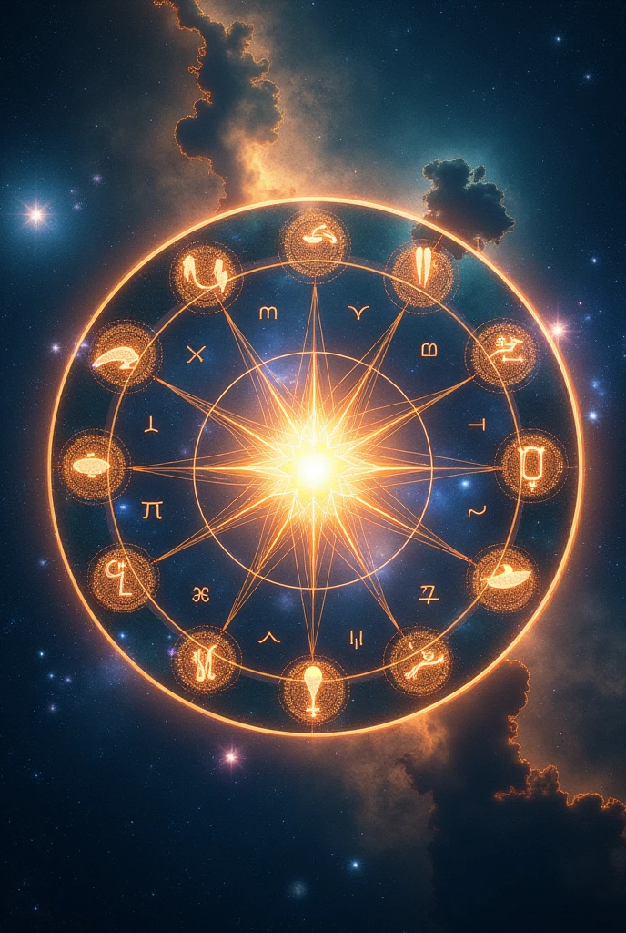 Create an epic image of all 12 zodiac sign symbols arranged in a circle. Each symbol should be intricately detailed, with glowing effects, and set against a cosmic background filled with stars, nebulae, and swirling galaxies. The design should evoke a sense of mystical energy and astrological power, with the circle subtly radiating light.