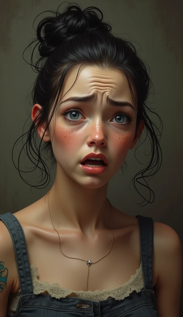 Worried and nervous expression of a woman with black messy bun hair,medium skin tone,circle cute face and blue eyes very realistic art 8k