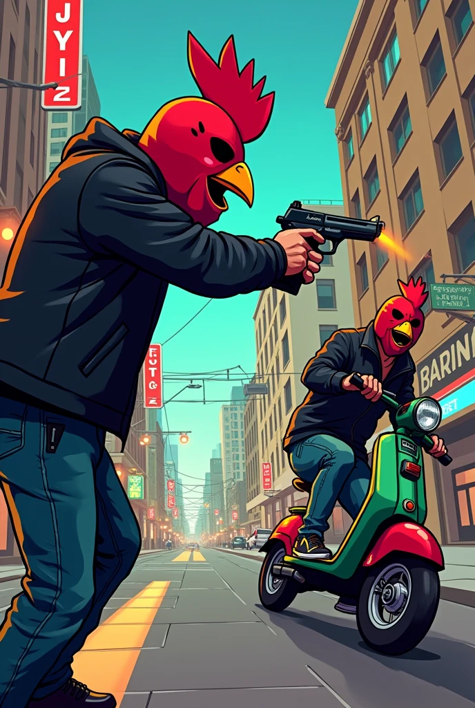 Hotline miami cartoon style picture. The painting shows a man in a rooster mask shooting at a man, which is on an electric scooter