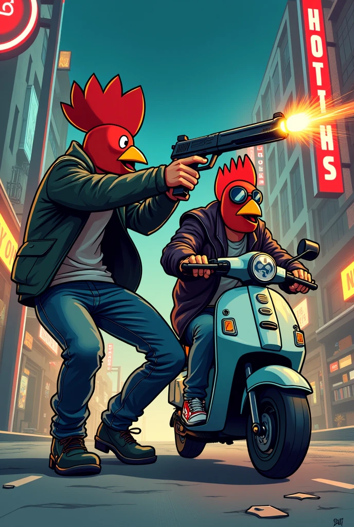 Hotline miami cartoon style picture. The painting shows a man in a rooster mask shooting at a man, which is on an electric scooter