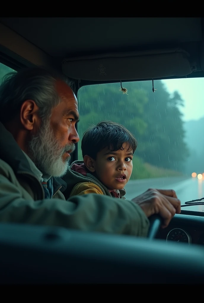 cinematic, photorealistic film poster of a man and his  son, driving an old van in heavy rainfall dark night, fear in faces, tension, frontal face shot, misty air, wiper wiping windshield, dim light, Kalimpong Sikkim Highway