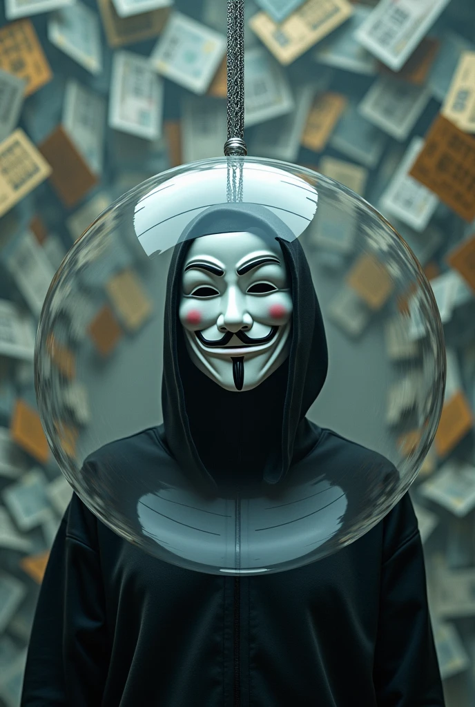 person wearing Anonymous mask in a floating bubble with silver cord and background full of credit cards and money 