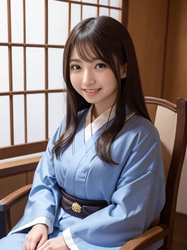 Japanese female, (underweight), (medium bust best quality:1.0), 30 years old, (cheerful grin:1.3),
ancient castle, empress, sitting, long hair, with a chair, ground-level shot