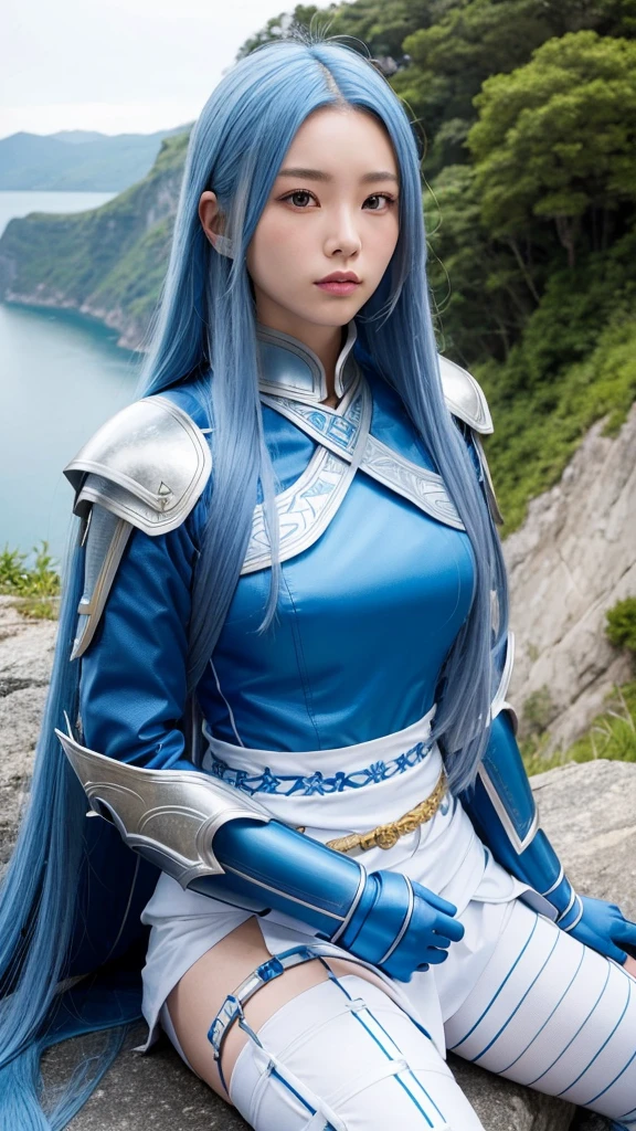 A female warrior with long blue hair、Wears blue armor with white patterns。Has a big sword。Sitting on a cliff。Beside it、Blue, medium-long hair、The female warrior's sister、Together in white dresses。High resolution, masterpiece, accurate, Anatomically correct, Winner of numerous awards, Highest quality, Damaged, detail, High-resolution model, 高いdetail, Very detailed, Textured skin, Ultra high definition, Blue Hair/Light blue hair, Canon, There are cumulonimbus clouds in the sky、A large dragon watches the two from afar、More beautiful women、Large breasts