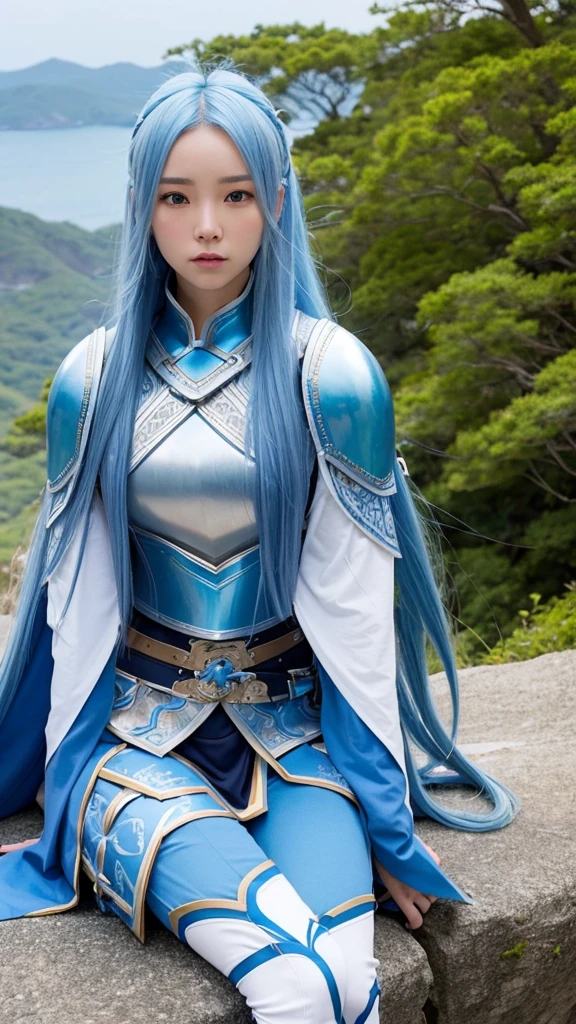 A female warrior with long blue hair、Wears blue armor with white patterns。Has a big sword。Sitting on a cliff。Beside it、Blue, medium-long hair、The female warrior&#39;s sister、Together in white dresses。High resolution, masterpiece, accurate, Anatomically correct, Winner of numerous awards, Highest quality, Damaged, detail, High-resolution model, 高いdetail, Very detailed, Textured skin, Ultra high definition, Blue Hair/Light blue hair, Canon, There are cumulonimbus clouds in the sky、A large dragon watches the two from afar、More beautiful women、Large breasts