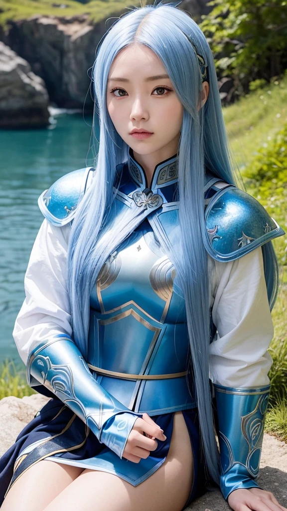 A female warrior with long blue hair、Wears blue armor with white patterns。Has a big sword。Sitting on a cliff。Beside it、Blue, medium-long hair、The female warrior&#39;s sister、Together in white dresses。High resolution, masterpiece, accurate, Anatomically correct, Winner of numerous awards, Highest quality, Damaged, detail, High-resolution model, 高いdetail, Very detailed, Textured skin, Ultra high definition, Blue Hair/Light blue hair, Canon, There are cumulonimbus clouds in the sky、A large dragon watches the two from afar、More beautiful women、Large breasts