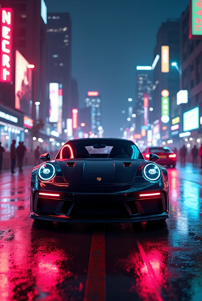 Porsche car on Pune streets black colour with neon light on night 