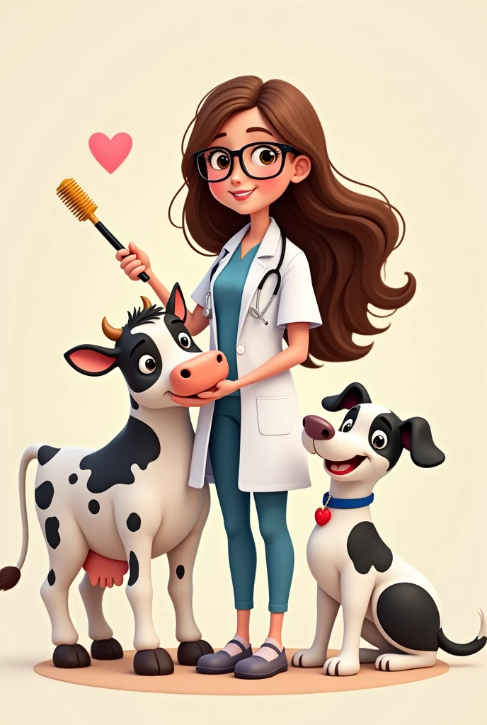A cute animated image of a veterinary girl, brown hair with brush, brunette, with glasses and a cow on one side and a black and white Maltese dog on the other 