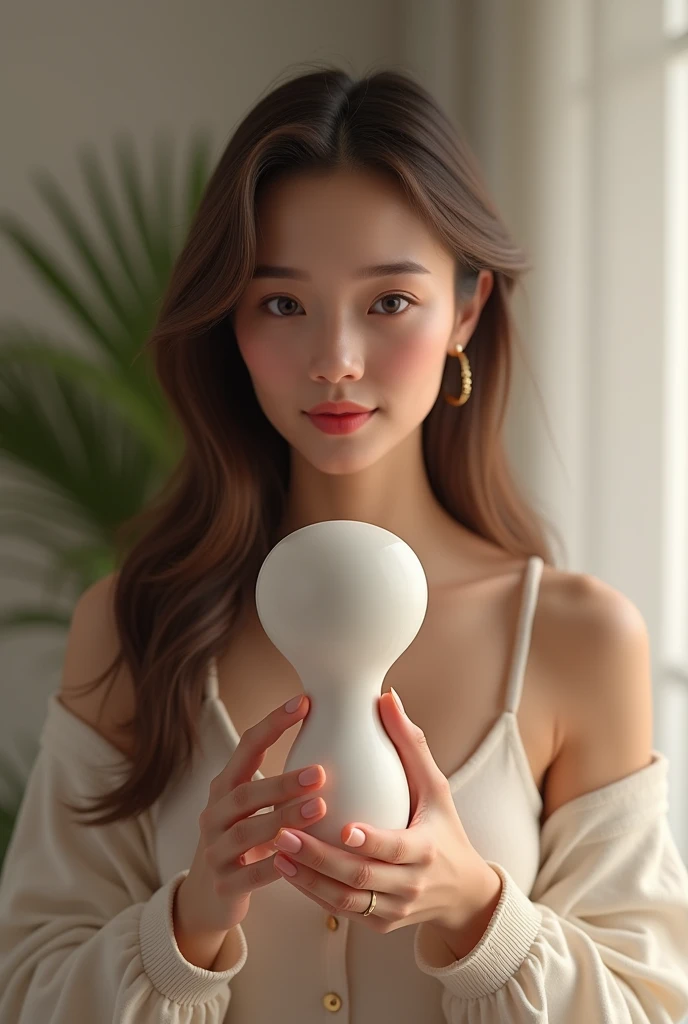 A woman holds a penis-shaped massage machine