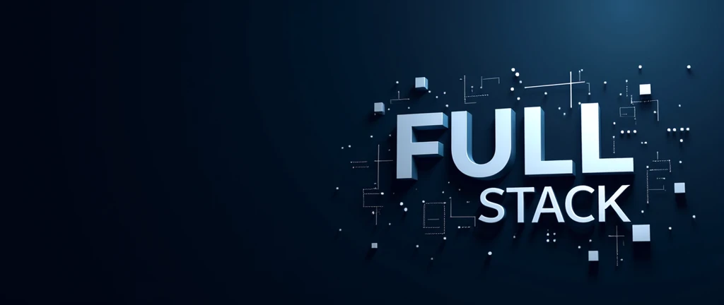 Create a creative and impactful image with a dark navy blue background. Include the words 'Full Stack' in white, positioned on the right side of the image. The theme of the image should be centered around software development and technology. The design should be striking and professional.