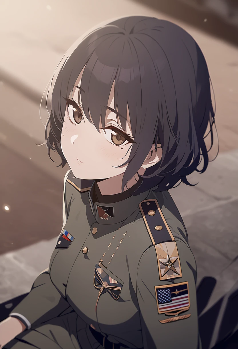 masterpiece,best quality,depth of field,8k,Looking at the viewer,man,black hair,brown eyes,(charismatic eyes 1:1),chic,alone,Has dark circles under their eyes,sitting,U.s. military,Looking up,ACU Gray Uniform
