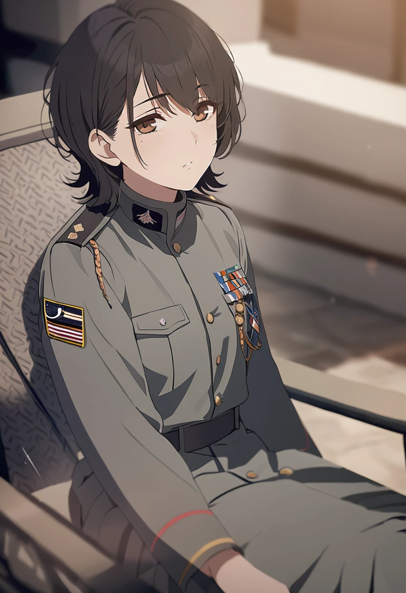 masterpiece,best quality,depth of field,8k,Looking at the viewer,man,black hair,brown eyes,(charismatic eyes 1:1),chic,alone,Has dark circles under their eyes,sitting,U.s. military,Looking up,ACU Gray Uniform