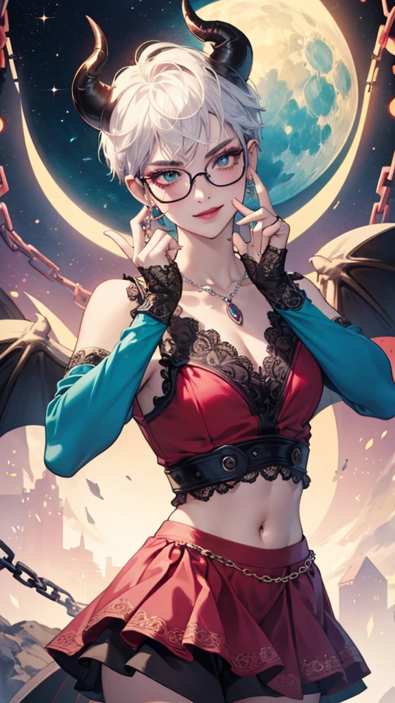 8k, masterpiece, best quality, highly detailed, 1 girl, tiefling, warlock, pixie cut, multicolored hair, very short straight hair red highlight hair on white hair, strippled hair, wearing glasses, round glasses, earrings, navel piercing, red eyeshadow, long eyelashes, blushed cheek, red lips, pearl necklace, rings, collarbone, mole on face, glamorous, teal and pink clothes, sleeveless, miniskirt, smirk, close up view, rings, looking at viewer, demon horns, solo, starry sky, pale blue moon, standing, demonic arms, chains on the background, black lace gloves, hand touching glasses.