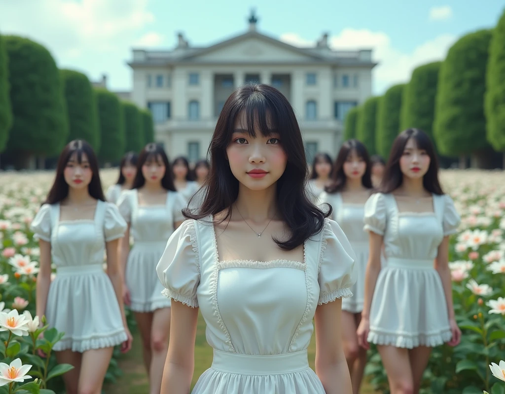 (No need to take a close-up of the subject in the center of the front), (Japanese Clone-girls=Myself), (Super Best masterpiece Clone-girls Raw Photography Art), (16K, Highest quality, Ultra-high resolution, RAW Photos), (It's so unrealistic., With unparalleled depiction, With an unfathomable sight, An unprecedented and shocking worldview, Clone-girls: In a world of mass reproduction, Ultra-realistic depiction), (Japanese girls, Sasaki Nozomi, 26yo), (Small face, Glossy dark hair, long hair, Dark Eyes, Mature face, Cute Smile), (A charming smiling face), (Very beautiful and detailed girl, Accurate body structure, Accurate body movements, Very detailed body), (Super big breasts, Large bulge of ample breasts), (orthodox maid clothes, Emphasise the fullness of your breasts), (Very detailed, Myself cloning, Depiction of splitting oneself, 1Myself girl→1,000,000,000,000,000,000,000,000,000,000Myself cloning girls), (Myself clone girlsは, With the same perfect appearance, to multiply in large numbers), (Very detailed depiction, Myself's multiplying female body, In the same female body,With the same face, With the same hairstyle, In the same clothes, At the same height, 同じSuper big breastsで, A completely indistinguishable female body, 1,000,000,000,000,000,000,000,000,000,000 people), (Myself girls only), (1,000,000,000,000,000,000,000,000,000,000Myself girls), European-style building, A vast 100ha rose garden, Lily scene description, Physical contact, Cute smile, A happy smile, Pleasant blue sky