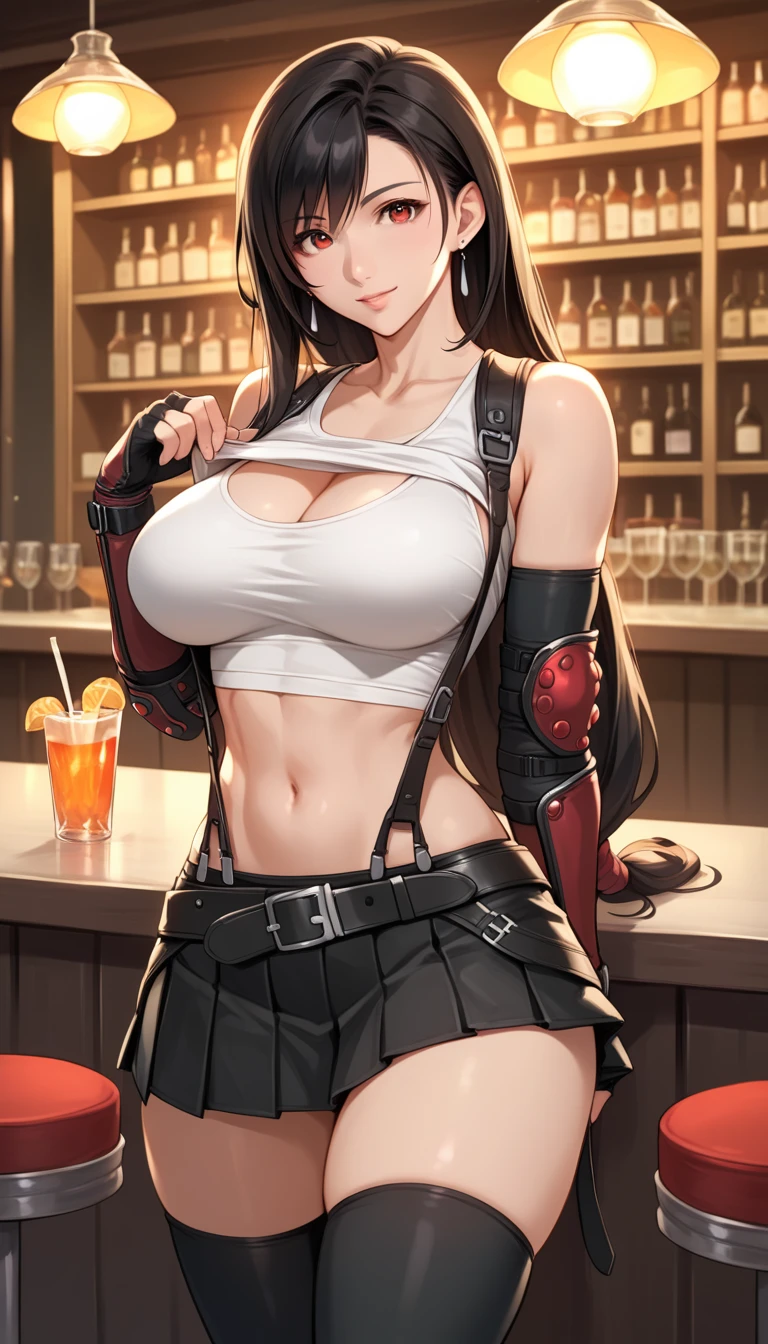 Izayoi Seishin artstyle, (score_9, score_8_up, score_7_up), (best quality, masterpiece),perfect anatomy,(aesthetic,very aesthetic),official style, (ultra-high resolution), 1girl, tifa lockhart, final fantasy,(beautiful woman).tareme, black hair, low-tied long hair, red eyes, bangs, white tank top,gap, belt, pleated skirt, thighhighs, elbow fingerless gloves, elbow pads, midriff, navel,suspender skirt.zettai ryouiki ,(front view),straight-on,(large_breasts:1.2),Solo,mediumshot,looking_at_viewer,contrapposto, vibrant, joyful,cafe and bar, ,Framin,(,tanktop lift),