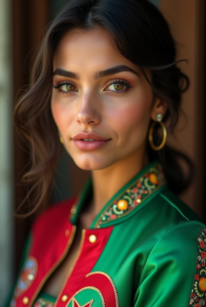 Beautiful Algerian woman wearing Algerian flag jacket, close-up
