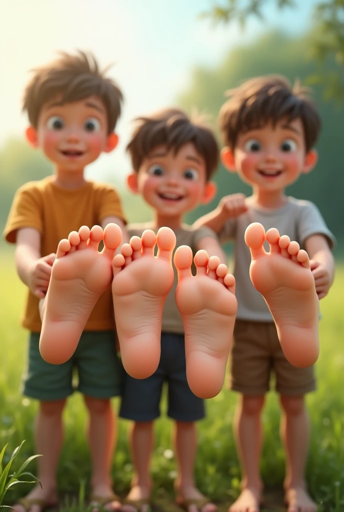 3  boys showing their 3 pairs of smooth clean bare feet