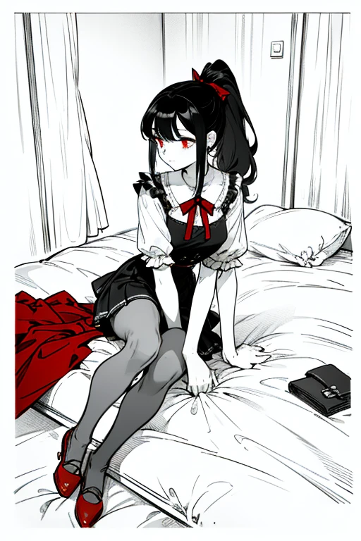 using pantimedies, wavy black hair, piercing look with deep red eyes, average stature, Silky hair with a ponytail hairstyle collected with a red bow with two white lines, with clothes, has a vagina, has breasts, cup of breasts, small breasts, slim, foreground, Session, sitting in her room, sitting on the floor of her room, wearing pantyhose, using pantimedies, Picardias, short skirt, shoes, blouse with straps
