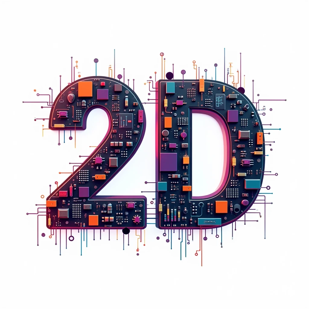Colorfull logo with big text "2d" and many electronics details in withe background