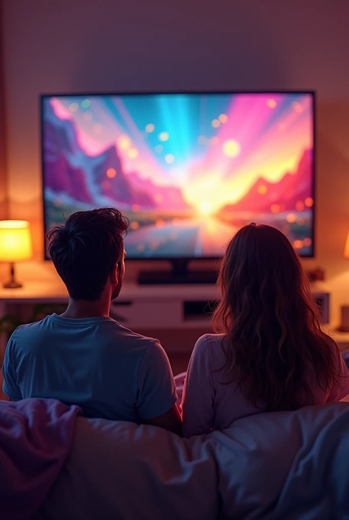 Create an image that represents the following situation. you are at home with a friend, You are talking to each other from a distance and you are just friends. The big TV is on and something flashy is playing on TV., she has no sound and you are not watching just talking to each other.