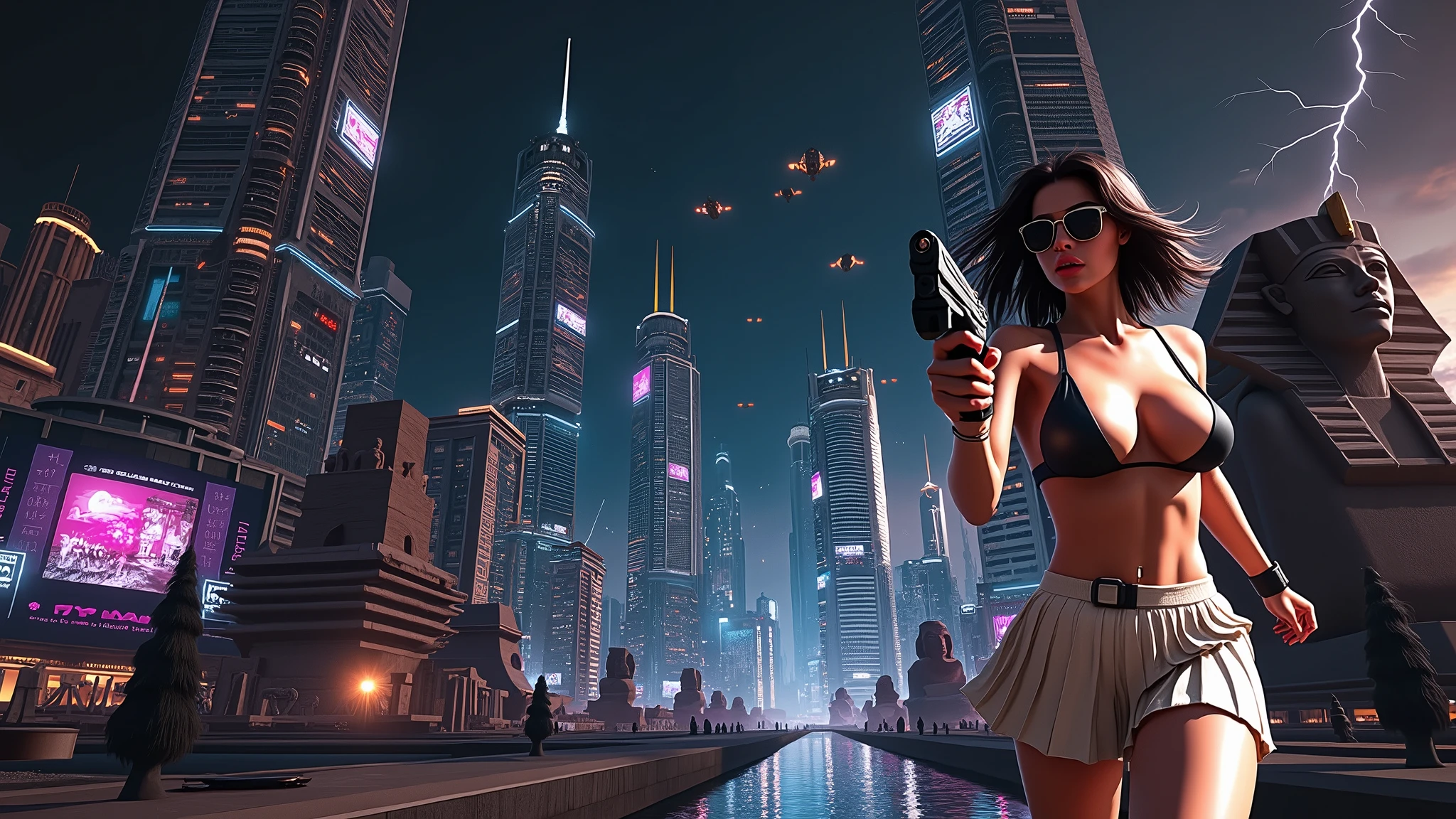 (((a medium-breast bikini slim GIRL with black micro sunglasses))), (((aiming at viewer with a pistol))), a balcony of a futuristic building, aerial view of an ultra-futuristic megalopolis, many metal buildings and houses in dark colors from dark blue to black, a cidade tem tons de cinza metal, has smoky metal structures , industrial environment with smoke and fog around, carros escuros nas ruas, desert megalopolis, trilhos e trens modernos de de metal passando estre as ruas da cidade, tall futuristic metal buildings, many ultra modern buildings around, realistic, detailed, sci-fi.