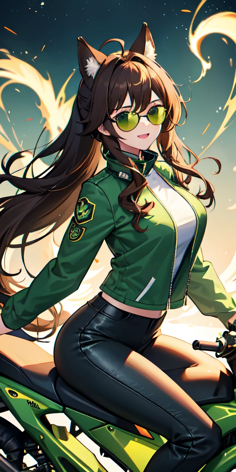 1 person,woman,Wolf Cut,Hind hair,Long ponytail,((Brown Hair)),((Brown ahoge)),((brown curly hair)),((Green flame)), ((Green flameの渦)),wallpaper, Wind景,Depth of written boundary, night, Particles of light, light, Side light, Thighs,****, cloud,Gaze, Large Breasts, Green Eyes, Horse ears, Bright smile,Open your mouth,Wind,((Ride a big green motorcycle)),((vehicle)),((Driving)),((Straddle)),((Riders jacket)),((Riders pants)),((Wearing sports sunglasses))