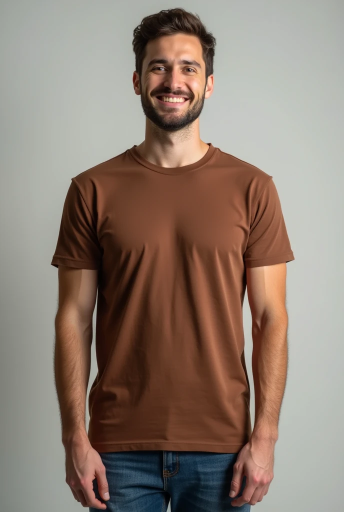 a young man standing with a brown t-shirt mockup