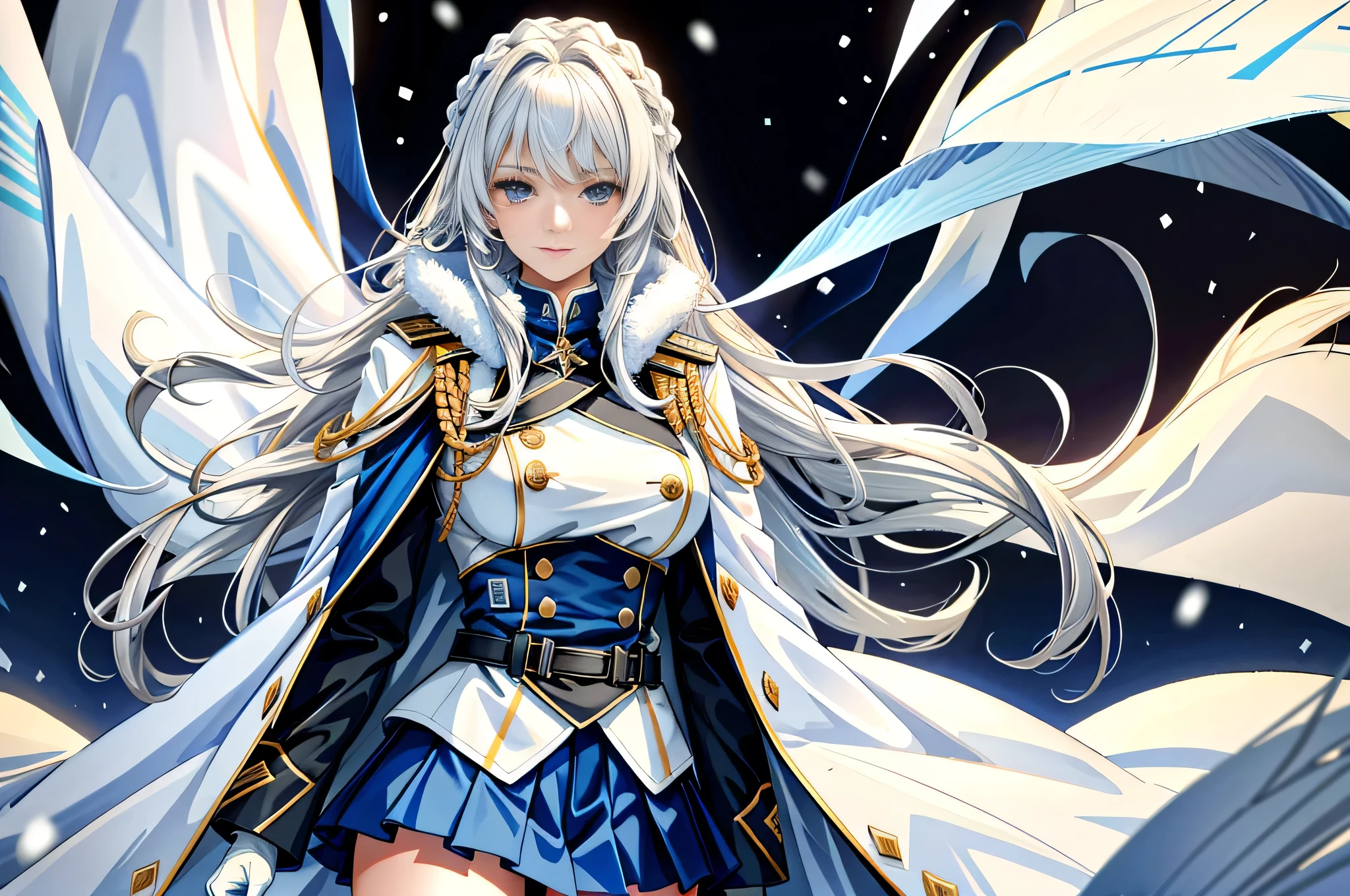 (highest resolution, distinct_image), realistic, Best quality, single person, one girl, solo, masterpiece, highly detailed, realistic, long hair, braided white blond hair, (blue military uniform underneath the coat), depth of field, (falling snow), ((big breasts)), authoritative, dignified, calm and powerful expression, ambient lighting, exquisite facial feature, (fur-trimmed white coat), open coat, short skirt, looking at viewer, head to waist, dynamic angle, light smile, ((from front)), ((quiet and spacious plaza in background))