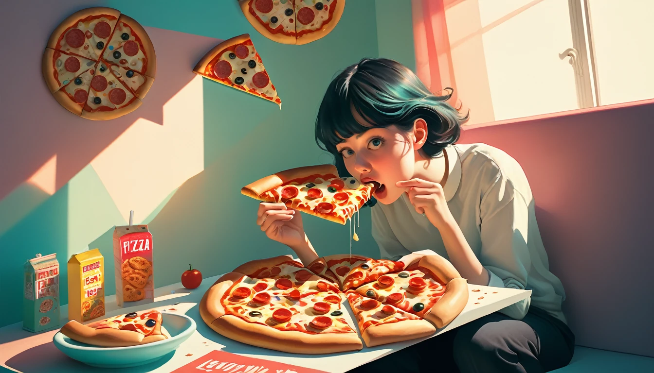 An illustration、art、Overaction、Overreaction、Pretending to be scared、Attention to detail, Realistic shadows、Analog Style, chromatic aberration, Surrealism、Eating pizza